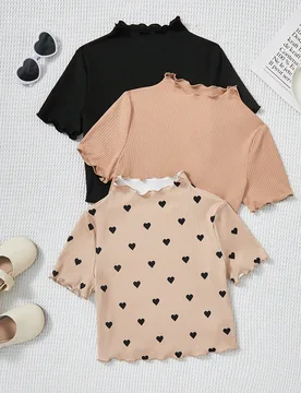 Conjunto De 3 Camisetas De Manga Larga Con Cuello Alto Y Detalle De Borde En Tejido Elástico Para Chicas Adolescentes - Shein - FashionsVida