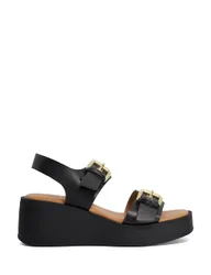 Leather Buckle Strappy Wedge Sandals Black female
