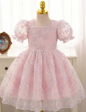 Vestido elegante, encantador y lindo para niña con mangas abullonadas, cintura ceñida, doble capa de tul con volantes, bordado en rosa y morado - Shein - FashionsVida
