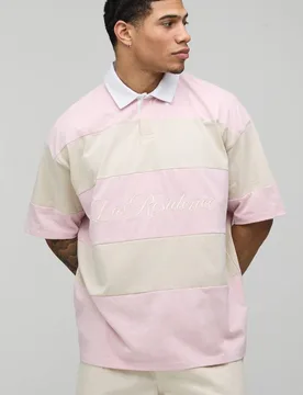 Men's Oversized La Residence Embroidered Stripe Rugby Polo Pink Size 4X-Large Pink 4XL - boohooMAN - FashionsVida