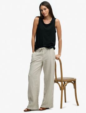 Superdry Damen Leinenhose mit Tiefem Bund Beige - Größe: 44