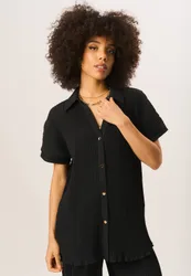 Womens Plisse Short Sleeve Oversized Shirt - Black - Size 10 Uk