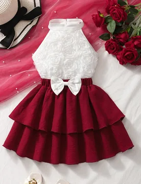 Conjunto de 2 piezas de niña joven con elegante chaleco con flor de rosa 3D y falda de doble capa con decoración de moño, para verano - Shein - FashionsVida