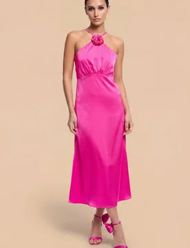 Women's Pink Satin Rosette Midaxi Dress Size: 14 - Pink - Size: 14 - Little mistress - FashionsVida