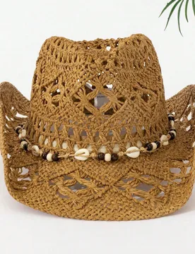 Pieza Sombrero de paja bohemio con diseño calado de conchas, sombrero vaquero occidental para playa, adecuado para mujeres en verano, vacaciones, reg - Shein - FashionsVida