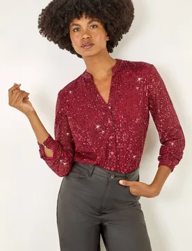 Women's Embellished Sequin Stretch Blouse in Dark Red Size: 16 - Dark Red - Size: 16 - Roman - FashionsVida