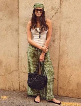 Scarf Print Wide Leg Trousers Khaki Mix female - RO&ZO - FashionsVida