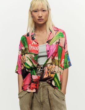 Camisa estampado floral, Mujer, Viscosa, Rojo, XS