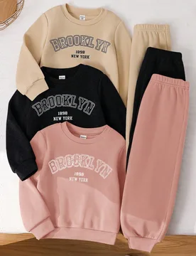 Set de 6 piezas con jersey holgado y pantalón de chándal de punto de unicolor con estampado de letras para niñas jóvenes - Shein - FashionsVida