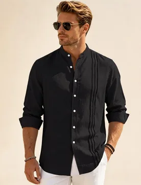 New Mens Stand Collar Shirt Long Sleeve Pintuck Pleated Casual Beach Shirt S-XXL loose long sleeve cardigan spring and autu - Aliexpress - FashionsVida