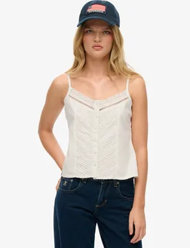 Superdry Damen Spitzenträgertop mit Durchgehender Knopfleiste White - Größe: 44 - 34.99 - FashionsVida