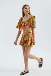 Womens Floral High Waist Buttoned Ruffle Shorts - Yellow - Size Large