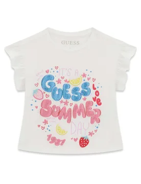 T-shirt mezza manica bianca in misto cotone con stampa logo glitterata - Guess - FashionsVida