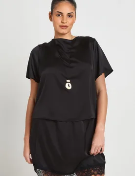 Womens Plus Satin Oversized T-Shirt And Lace Mini Skirt Co-Ord - Black - Size 20 Uk - Boohoo - FashionsVida