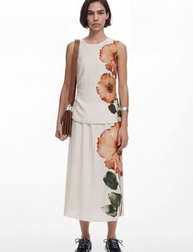 Falda midi flores, Mujer, Negro, XS