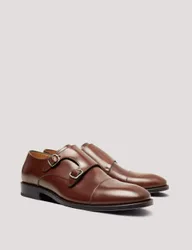 Leather Double Monk Strap Shoes Tan male
