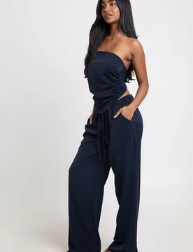 Womens Scarf Top And Wide Leg Trouser Co Ord - Navy - Size 8 Uk - Boohoo - FashionsVida