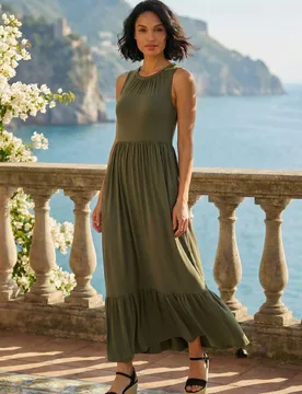 Womens Tiered Stretch Midi Dress - Khaki - Size 16 Uk - Dusk - FashionsVida