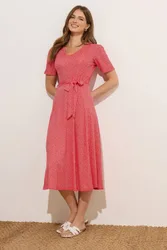 Printed Tie Waist Midi Dress - Red - Size: 12