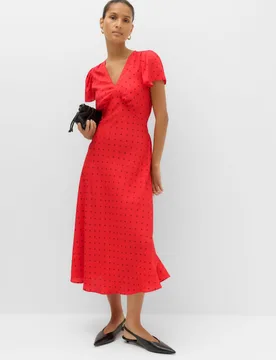 Polka Dot V-Neck Midi Tea Dress Red Mix female - M&S - FashionsVida