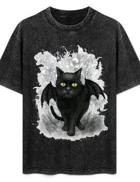 Bat Wing Black Cat T-Shirt Work Short Sleeve Cotton Top - Aliexpress - FashionsVida
