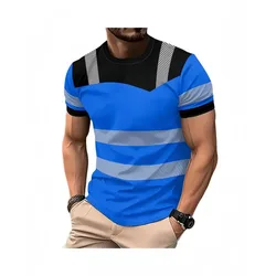 Men's short sleeve 3D printed T shirt featuring a modern safety logo graphic and bold color block styling for summer