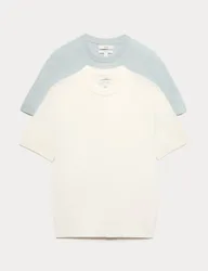 Pack Pure Cotton Textured Knit T-Shirts Soft Blue Mix male