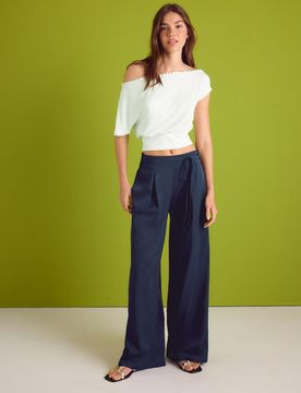 Fließende Hose in Knitteroptik mit Schleife Marineblau 34