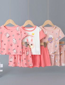 Pcs/Set Conjunto de ropa de estar en casa para niñas de algodón puro, manga corta, pantalones cortos, estampado de dibujos animados, pijama delgado