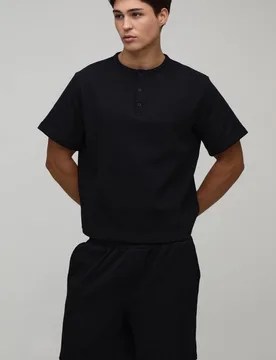 Men's Relaxed Fit Waffle Henley T-Shirt Black Size X-Small Black XS - boohooMAN - FashionsVida
