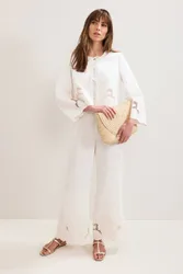 Women's Svea Wide-Leg Broderie Trousers in White Size: 12 - White - Size: 12