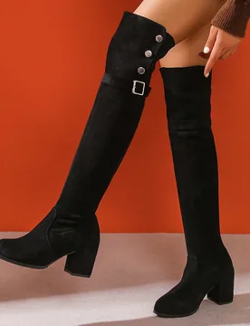 Botas por encima de la rodilla para mujer, tacón grueso, cálidas, con hebilla de correa, punta redonda, elásticas, botas de tacón alto, para otoñ - Shein - FashionsVida