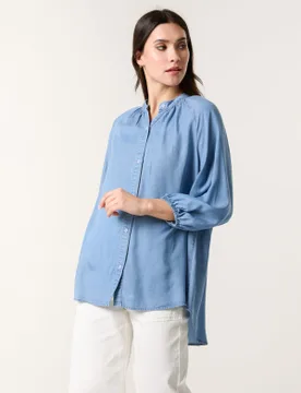 Button Front Denim Blouse - L/XL / MID DENIM - female - Blue Vanilla - FashionsVida