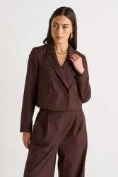 Women's Brown Double Breasted Linen Jacket Size: 14 - Brown - Size: 14