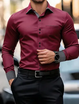 Camisa de manga larga con estampado de cuadros y patchwork casual & de negocios para hombres, camisas burdeos para hombres, rojo, granate, formal, cer - Shein - FashionsVida