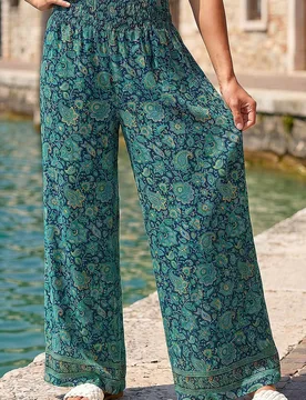 Women's Floral Print Tiered Palazzo Trousers in Mint Size: 12 - Mint - Size: 12 - Roman - FashionsVida