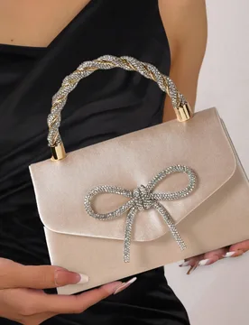 Elegante bolso de mano de satén para mujer con decoración de lazo de cristales brillantes, bolso cuadrado mini brillante, perfecto para fiestas, bod - Shein - FashionsVida