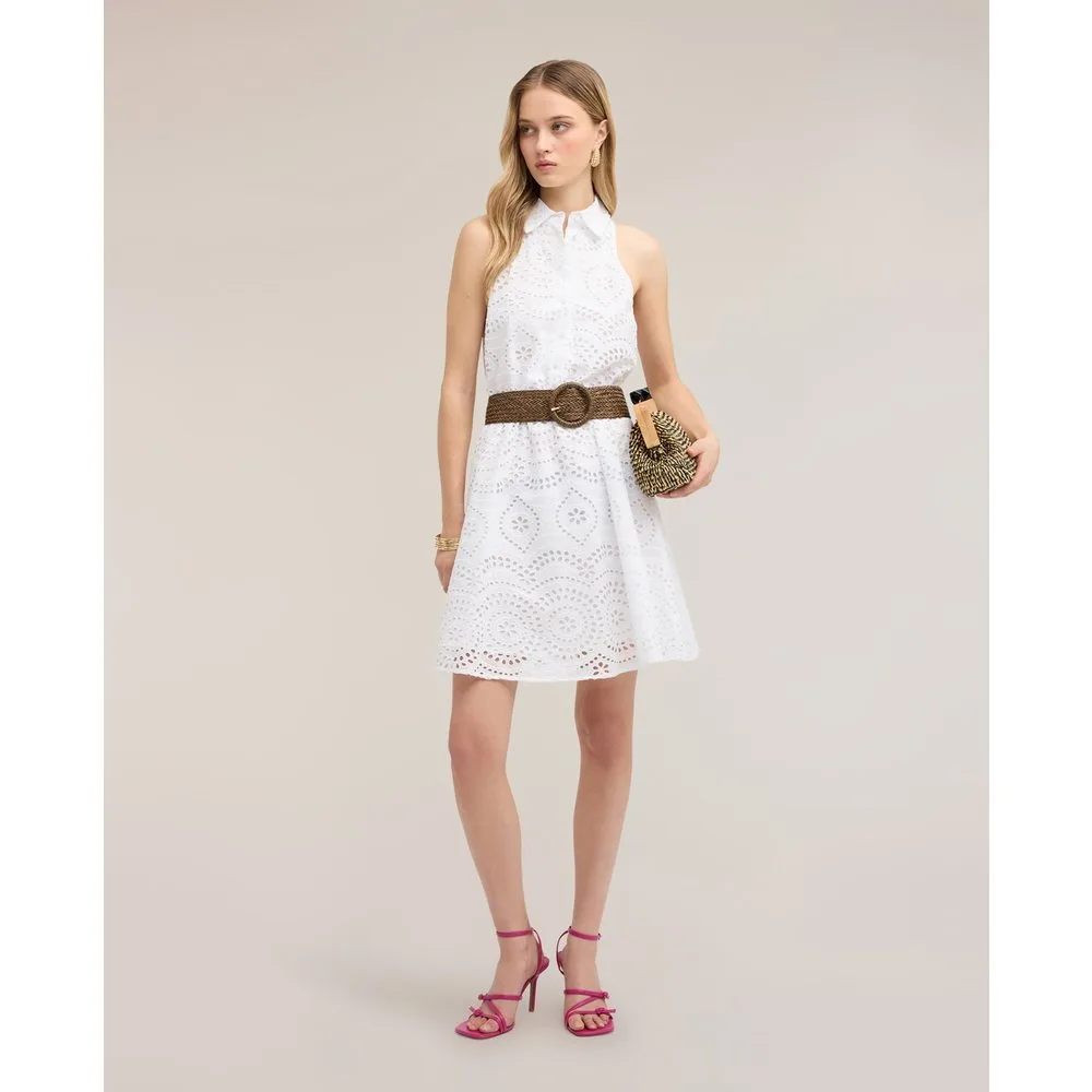 Vestido camisero en sangallo de algodón corte corto cierre frontal con botones - Motivi - FashionsVida