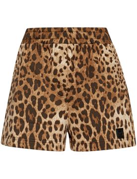 Women's Leopard Print Cotton Mini Shorts with Elastic Waist and Side Slit Pockets