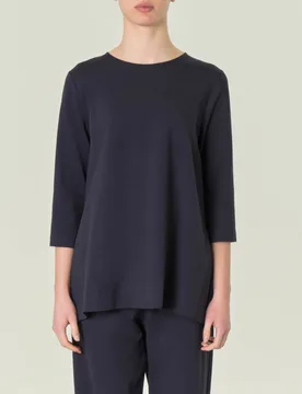 Felpa blu dalla linea dritta in misto viscosa punto Milano con maniche tre quarti e spacchi laterali - Hlo! - FashionsVida