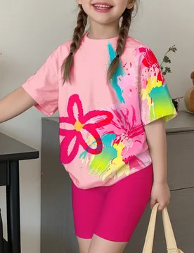 Conjunto de dos piezas de niña joven casual y simple, colorido Y2K dopamina floral, rosa empolvado, manga corta y pantalones cortos, adecuado para es - Shein - FashionsVida