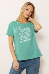 Floral Graphic Print Cotton T-Shirt - Green - Size: 14
