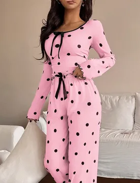 Conjunto de pijama casual de mujer con estampado de lunares, de manga larga y pantalones - Shein - FashionsVida