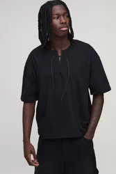 Herren Übergroßes Kastenförmiges T-Shirt Mit Kordelzug Und V-Ausschnitt Black Größe XS