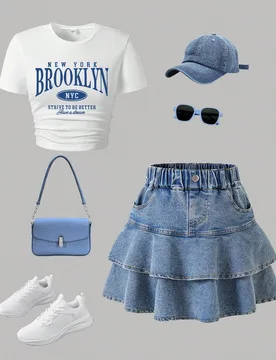 Conjunto de top de manga corta con gráfico de letras y falda vaquera para niñas preadolescentes - Shein - FashionsVida