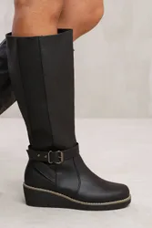 Women's 'Jacinta' Wedge Heel Knee High Boots With Elastic Panel in Black Size: 5 - Black - Size: 5