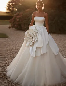 Fashion Satin 3D Flower Wedding Dress Simple Strapless Tulle Bridal Gowns Classic Customized A-Line Sleeveless Robe de mariée - Aliexpress - FashionsVida