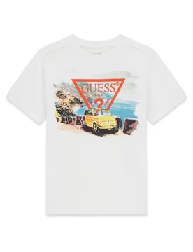 T-shirt mezza manica bianca in cotone con stampa logo triangolare - Guess - FashionsVida