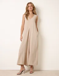 Pleat Front Diamante Jumpsuit - L/XL / STONE - female