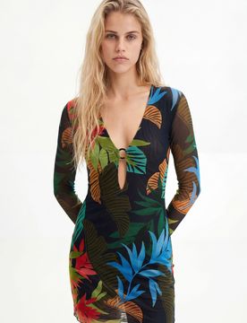 Vestido mini tul tropical, Mujer, Poliester, Azul, XS